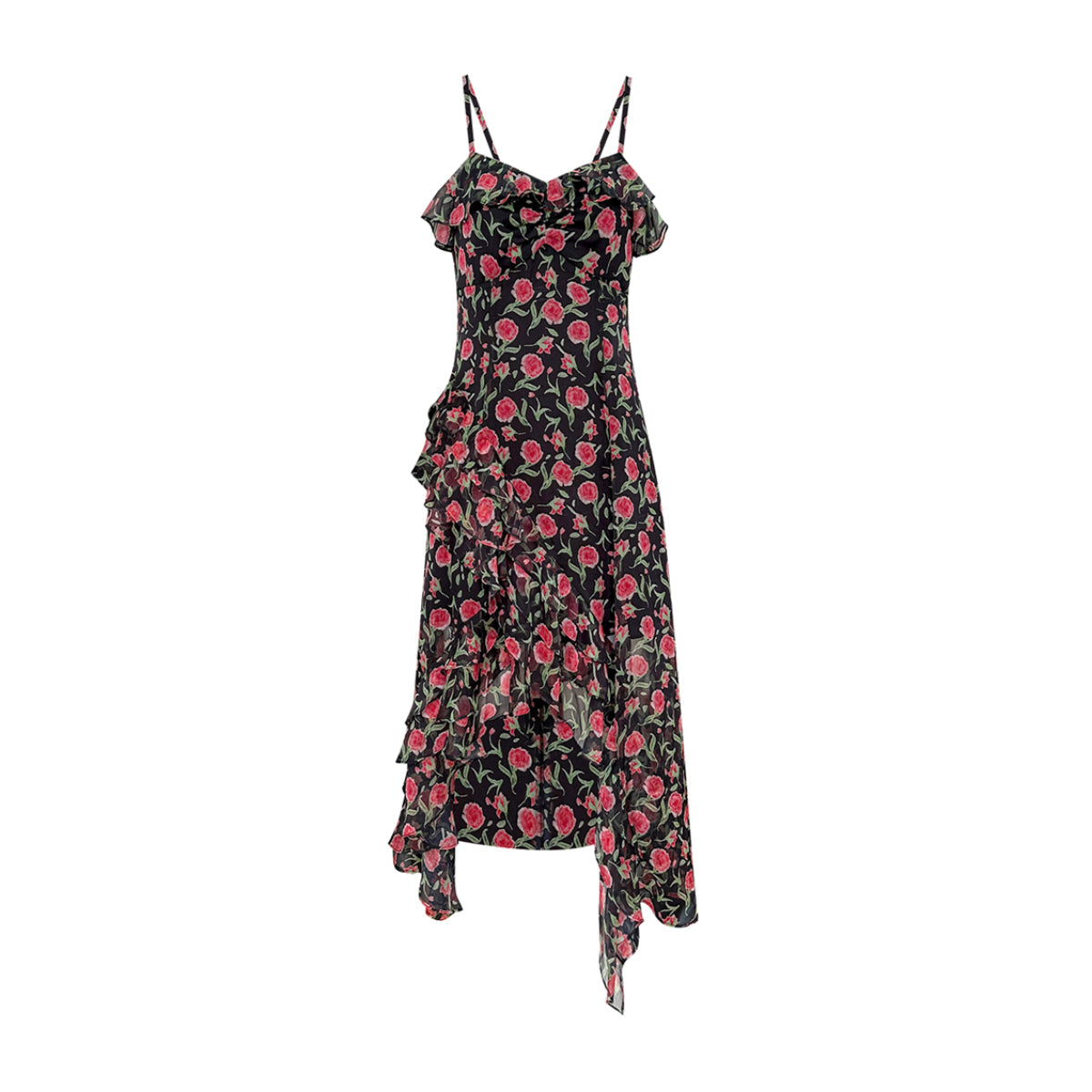 AsGony Printed Rose Floral Irregular Slip Dress Black