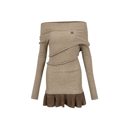 Via Pitti Color Blocked Shiner Knit Patchwork Dress Khaki