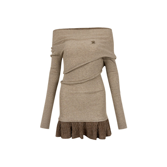 Via Pitti Color Blocked Shiner Knit Patchwork Dress Khaki