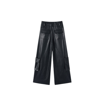 Via Pitti 3D Large Pocket Wide-Leg Leather Pants Black