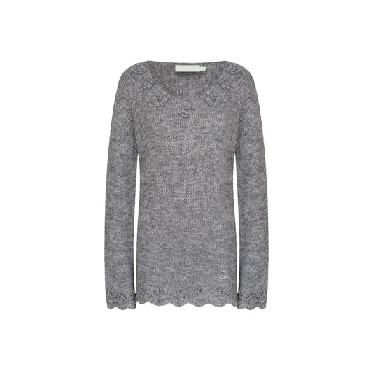 Kroche Hand Crochet Hollow Out V-Neck Knit Top Gray