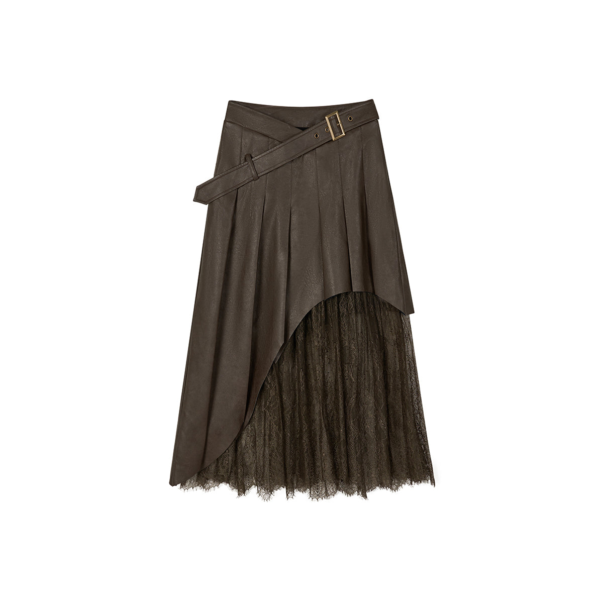 Via Pitti Irregular Lace Patchwork Leather Skirt Brown