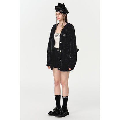 13De Marzo Bear Jacquard Knit Furry Hooded Cardigan Black