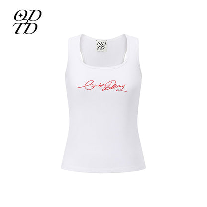 ODTD Embroidery Handwritten Slogan Vest Top White