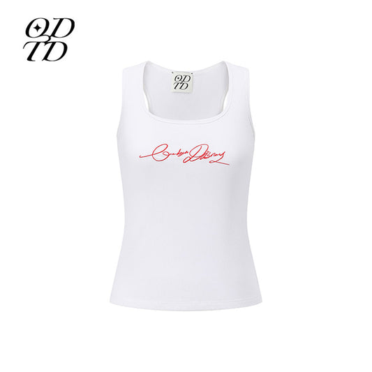 ODTD Embroidery Handwritten Slogan Vest Top White