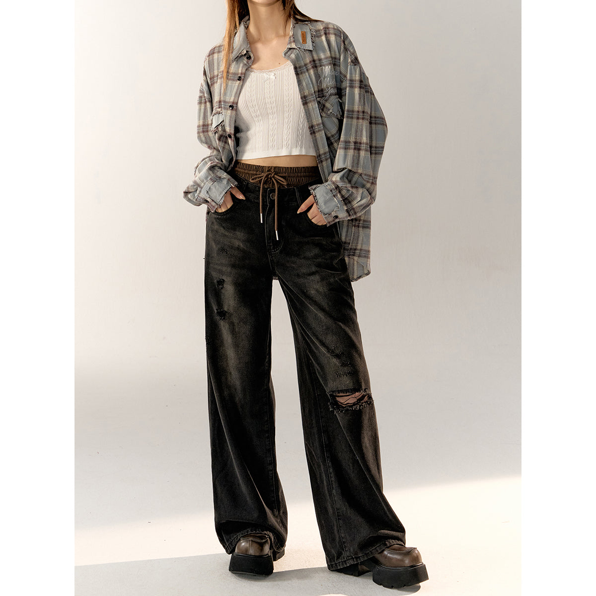 AsGony Color Blocked Gradient Ripped Wide-Leg Pants