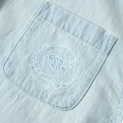 Three Quarters Embroidery Cropped Denim Shirt Blue