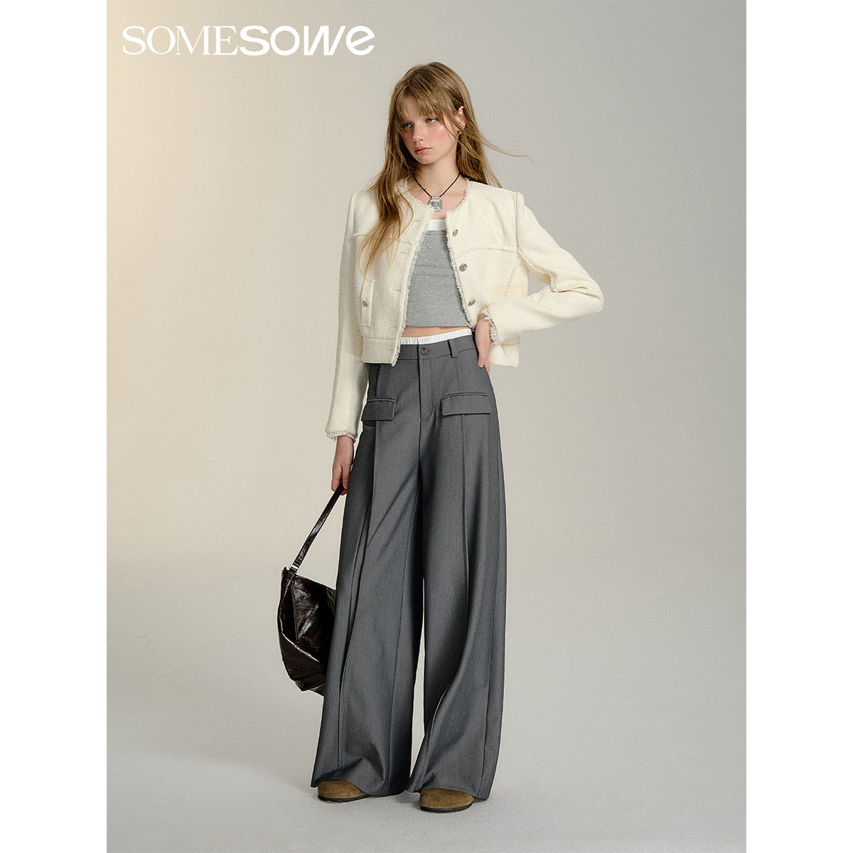 SomeSowe Contrast Color Stitching Wide-Leg Suit Pants Gray