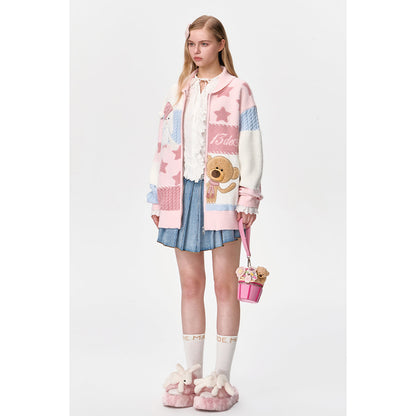 13De Marzo Doozoo Patchwork Knit Cardigan Pink