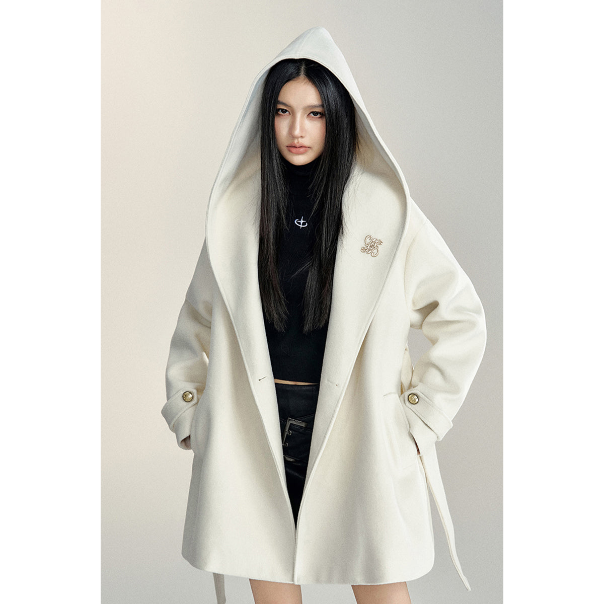 MacyMccoy Lace-Up Hooded Tweed Coat White