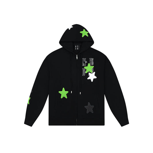 MEDM Embroidery Stars Zip Up Hoodie Black