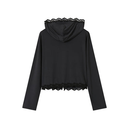 SomeSowe Lace Patchwork Hooded Jacket Black