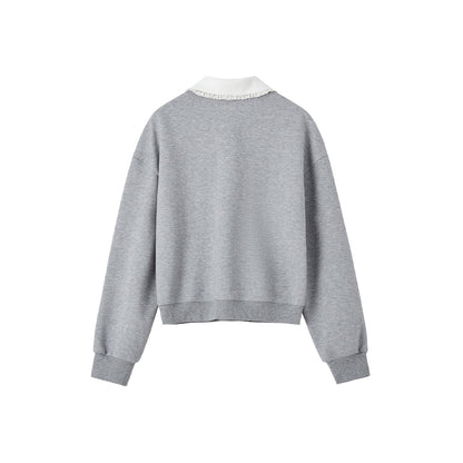 SomeSowe Contrast Color Lace Edge Polo Sweatshirt Gray