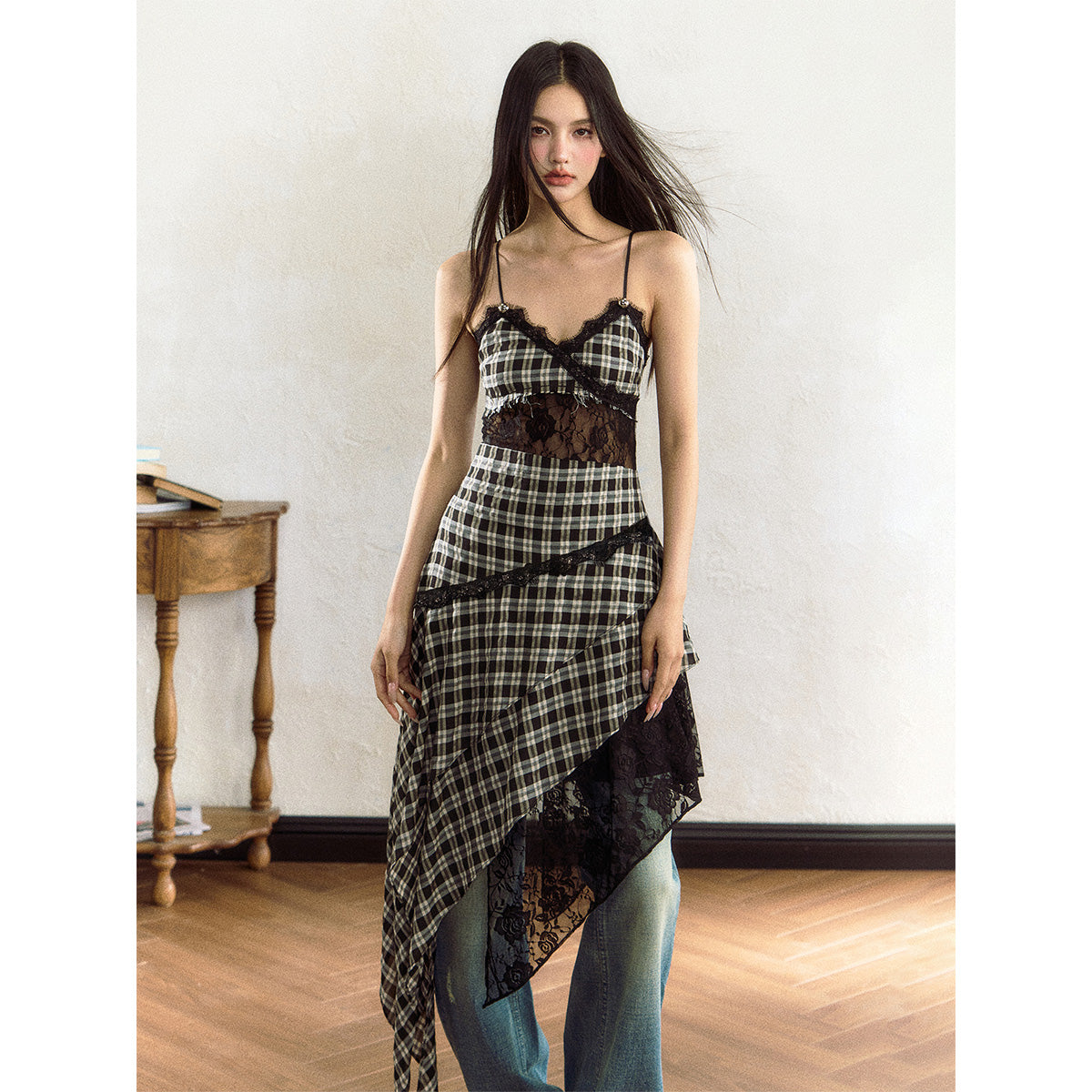 AGAM Irregular Hem Plaid Lace Patchwork Dress