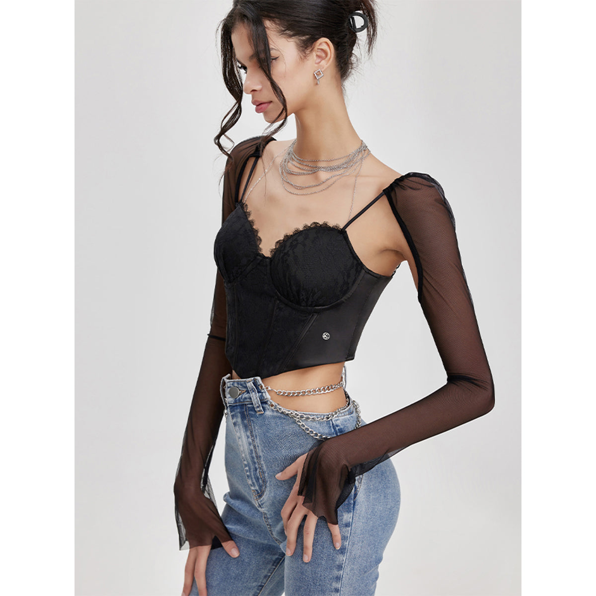 Sheer Luck Lace Patchwork Sling Top Black