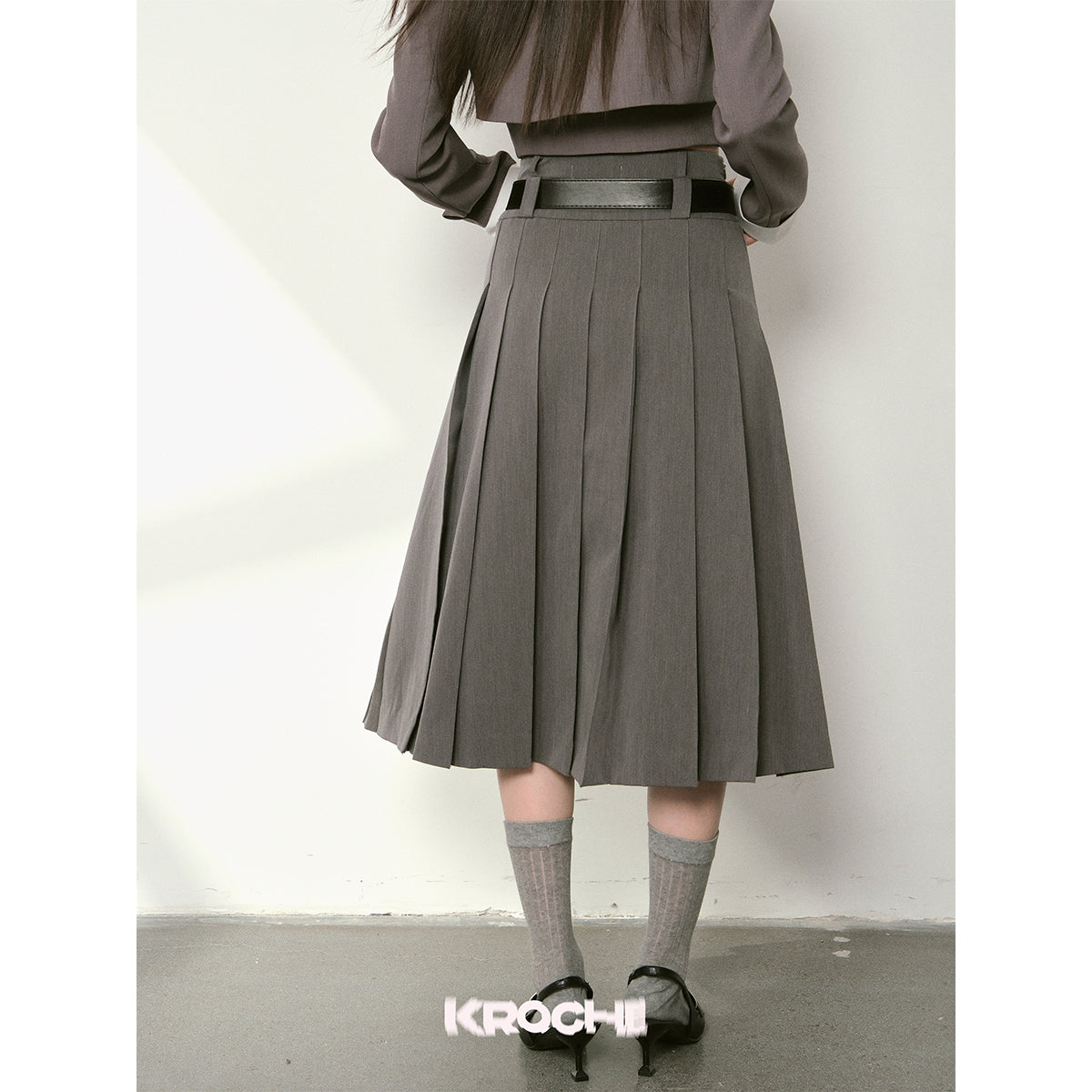 Kroche Double Waistline Pleated Long Skirt Grey