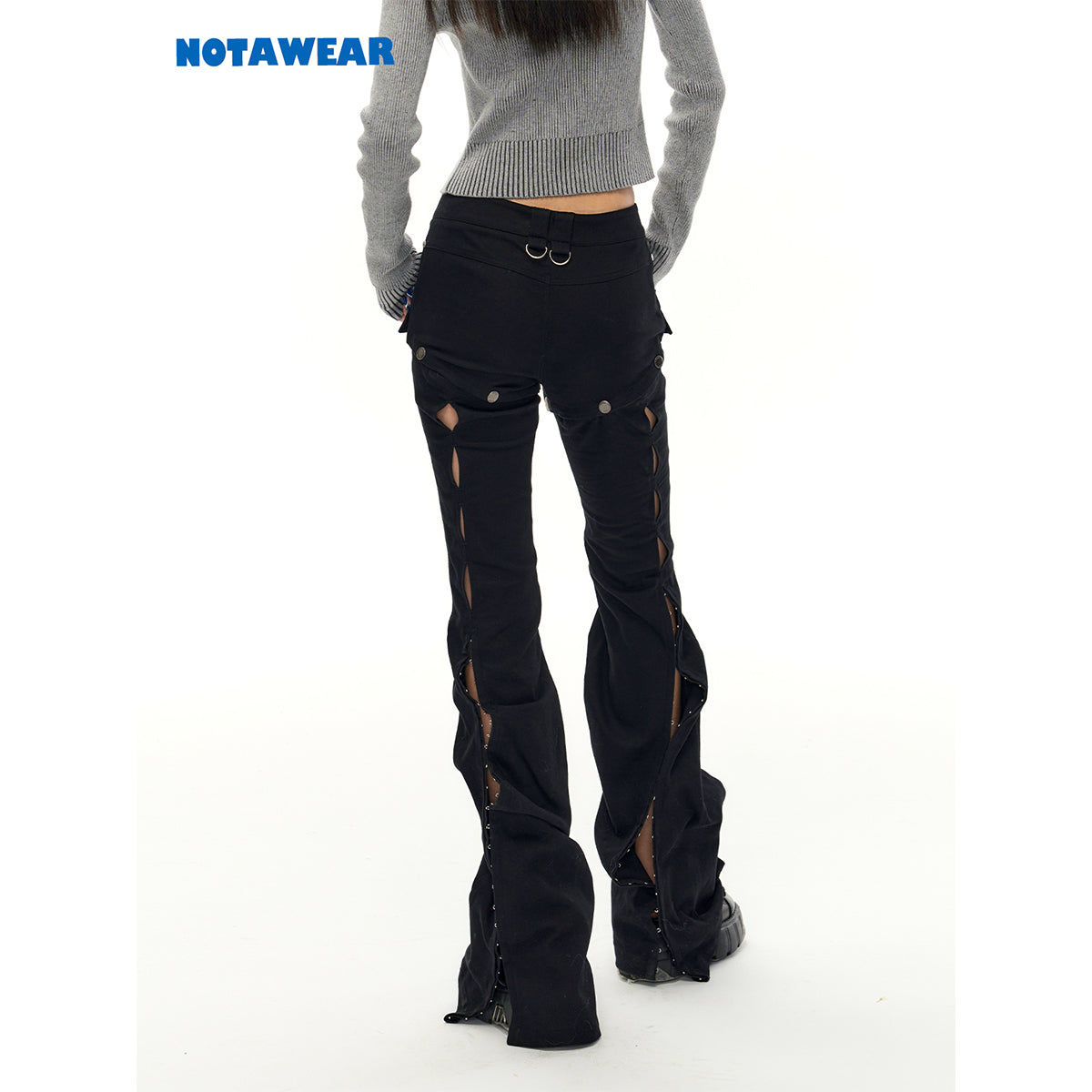 NotAwear Cargo Detachable Hollow Cutting Flare Jeans Black