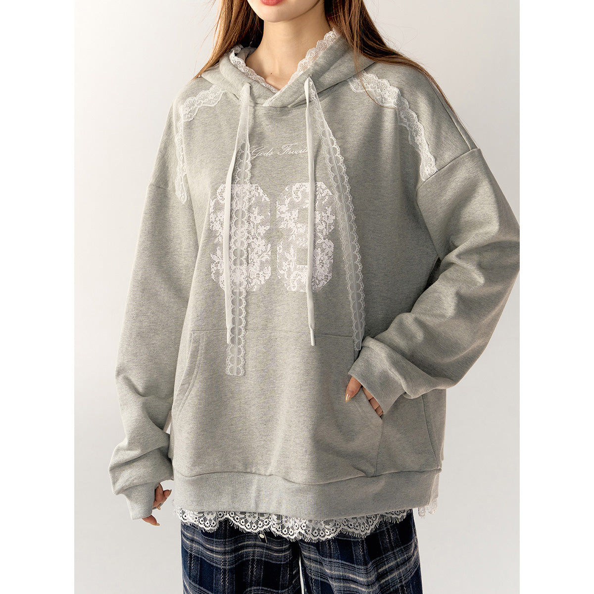 AsGony Lace Edge Drawstring Hoodie Gray