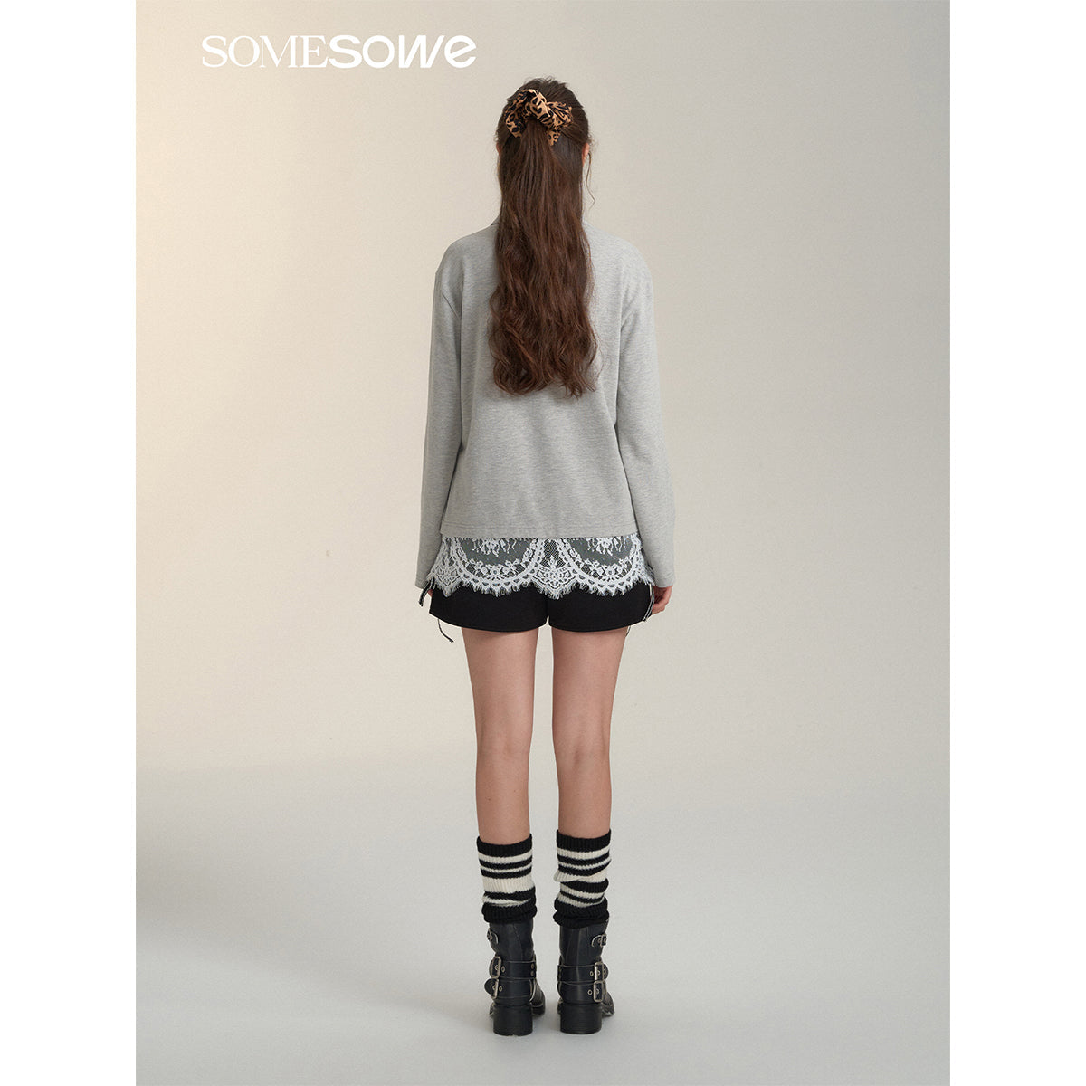 SomeSowe Lace Patchwork Polo Long Sleeve T-Shirt Gray