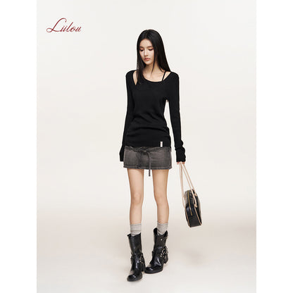 Liilou Fake-2-Piece Irregular Off-Shoulder Knit Top Black