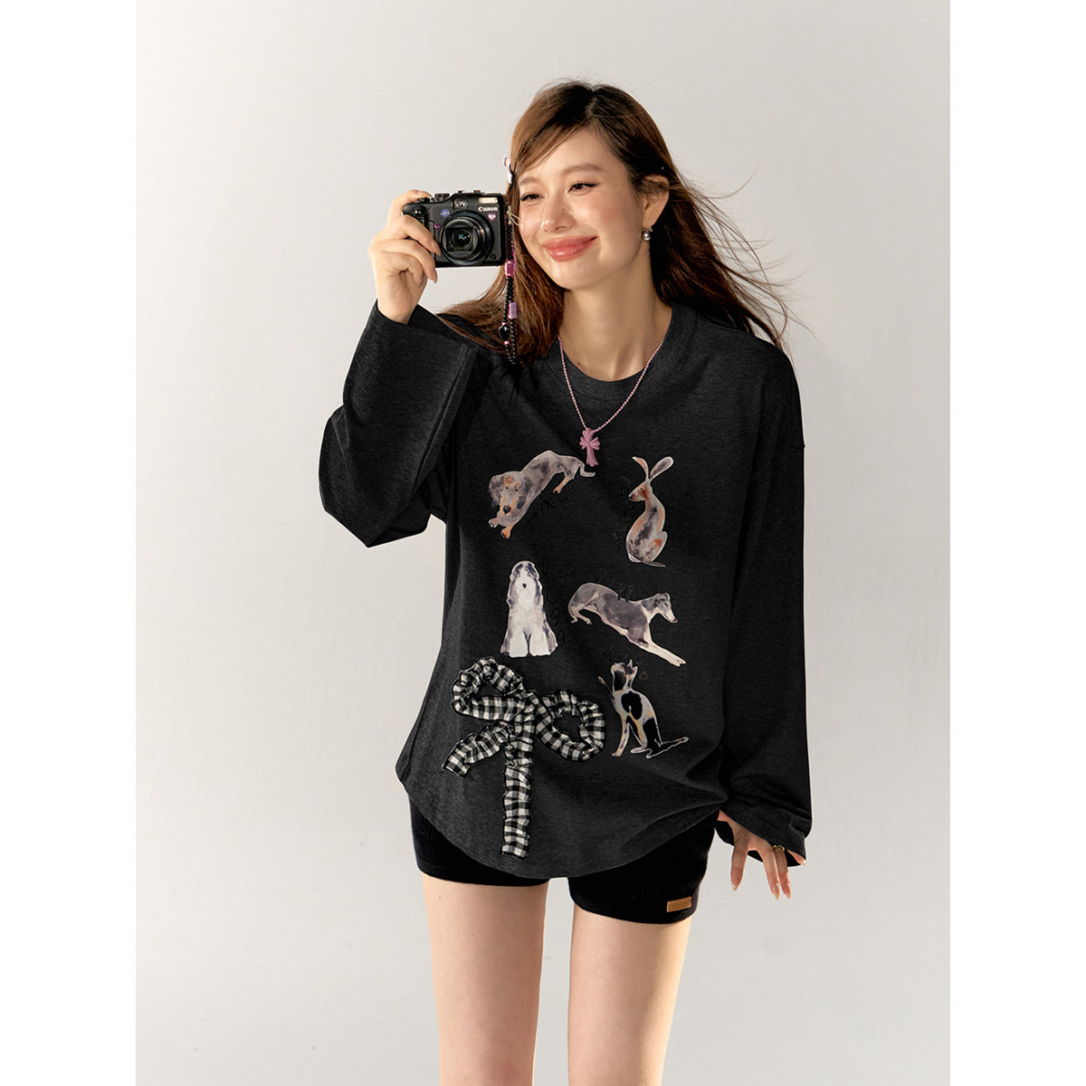 AsGony 3D Bow Knot Cartoon Casual L/S T-Shirt Black