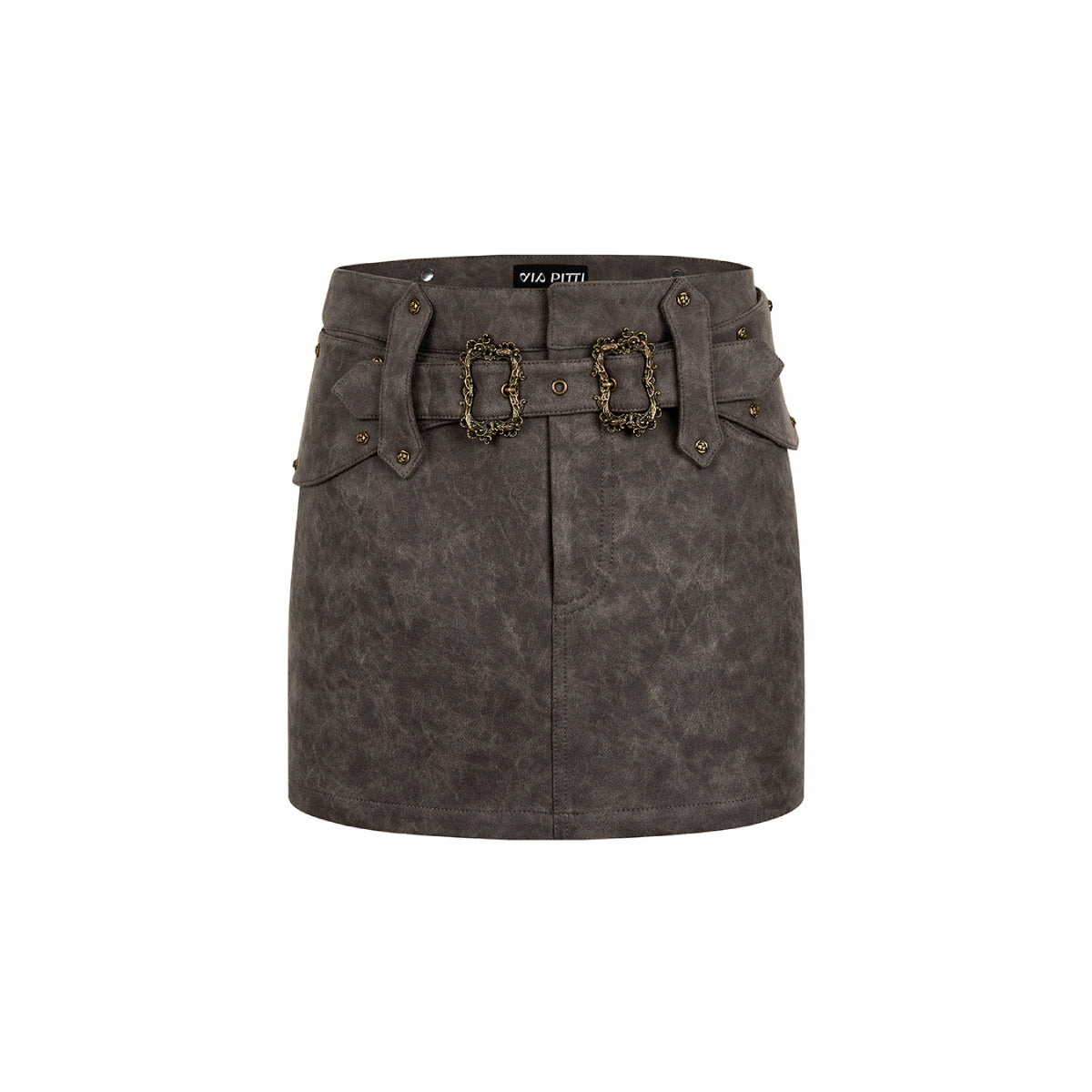 Via Pitti Metal Decor Belt Quilted Leather Skirt Grey