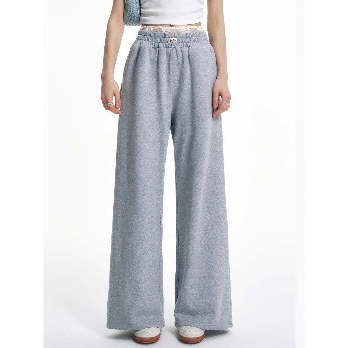 Liilou Lace Waistband Wide-Leg Casual Sweat Pants Grey