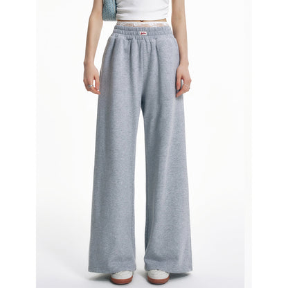 Liilou Lace Waistband Wide-Leg Casual Sweat Pants Grey