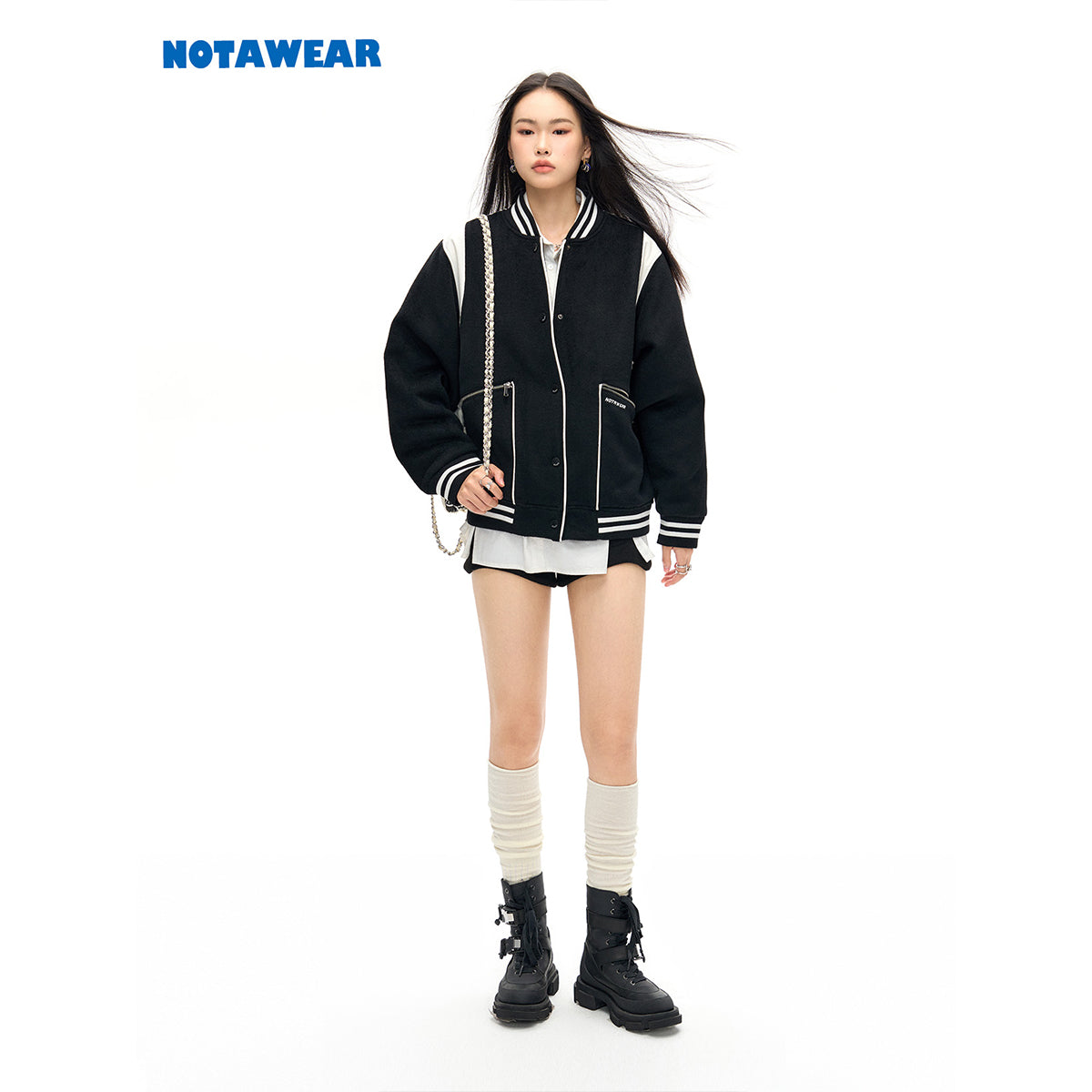 NotAwear Color Blocked Woolen Baseball Jacket Black