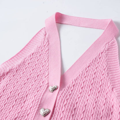 Three Quarters Heart Button Knit Halter Vest Pink