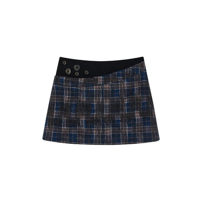 Via Pitti Plaid Patchwork Button Tweed Skirt Black