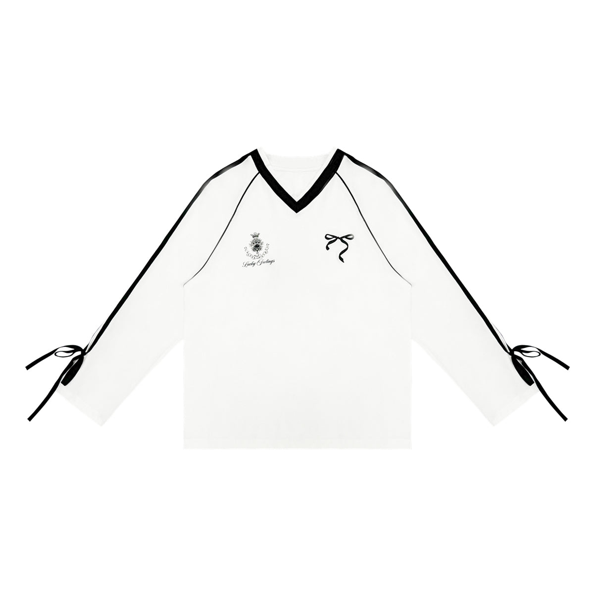 AsGony Contrast Color Bow Tie V-Neck L/S T-Shirt White