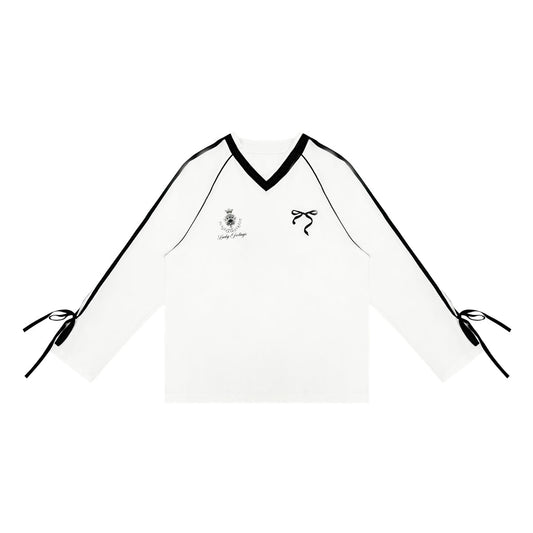 AsGony Contrast Color Bow Tie V-Neck L/S T-Shirt White