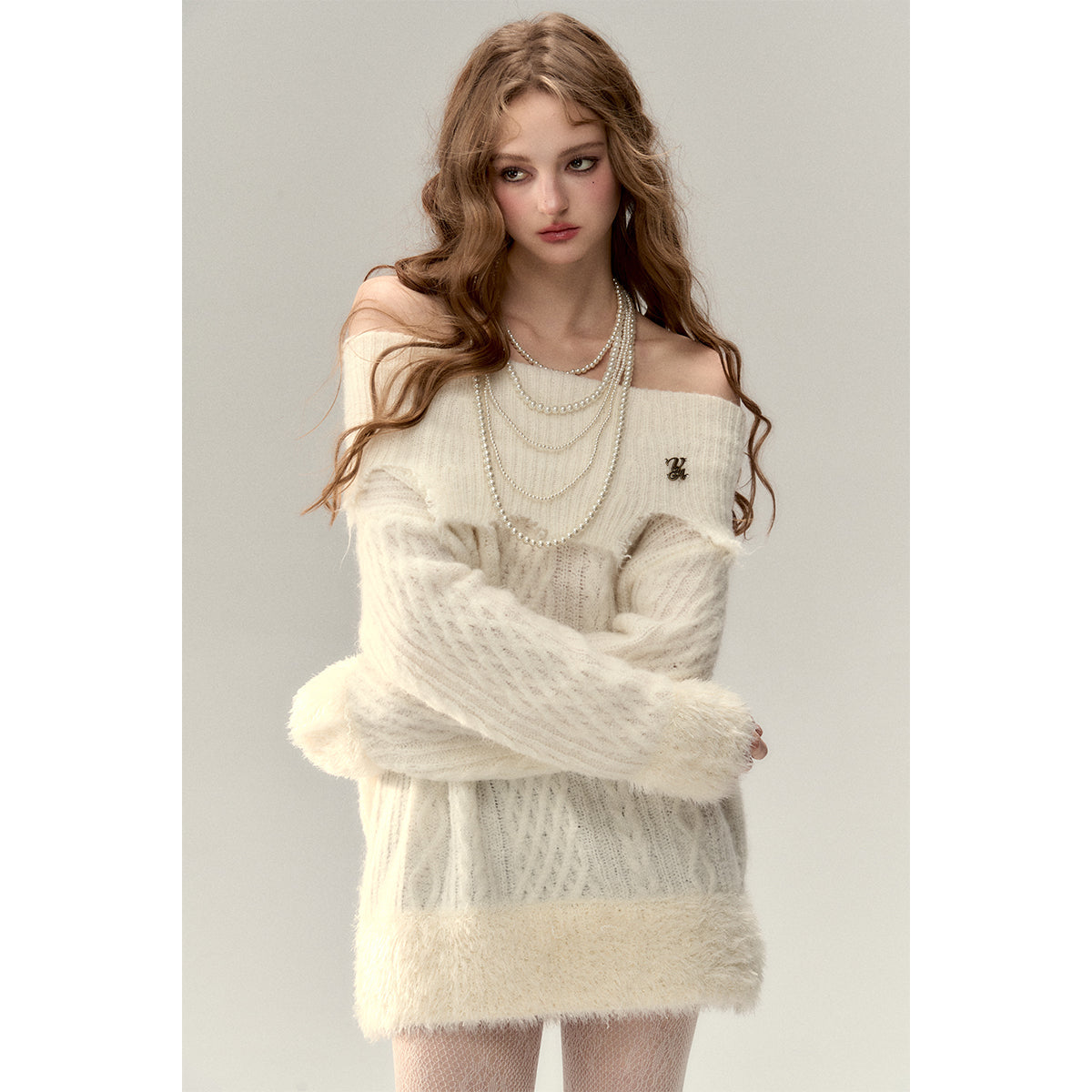 Via Pitti Destroy Cutting Off-Shoulder Knit Sweater Dress White