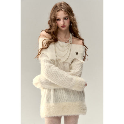 Via Pitti Destroy Cutting Off-Shoulder Knit Sweater Dress White