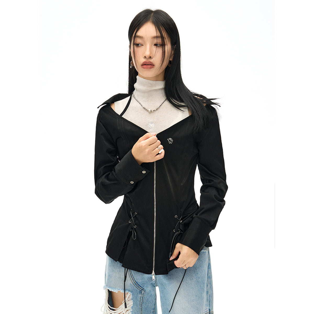 NotAwear Logo Embroidery Drawstring Slim Zipper Shirt Black