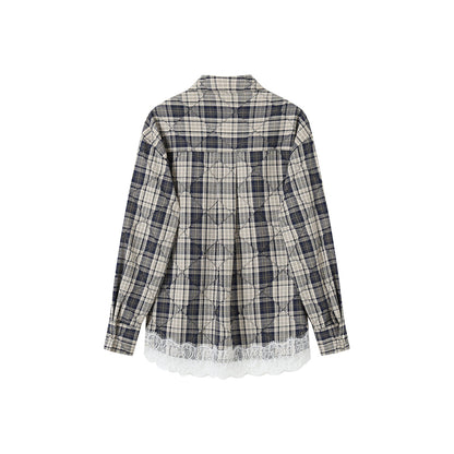 SomeSowe Patched Lace Textured Plaid Shirt