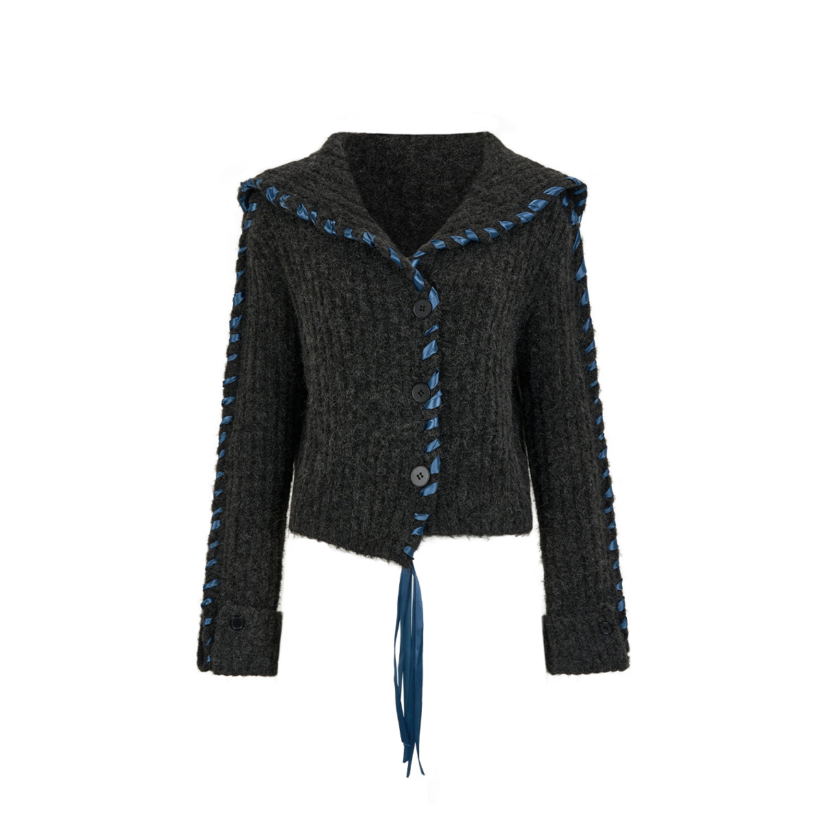 Via Pitti Heavy Big Lapel Ribbon Knit Cardigan Dark Grey