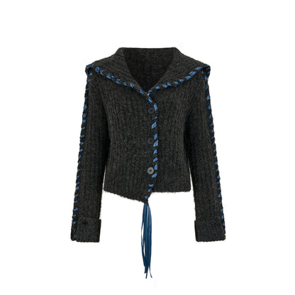 Via Pitti Heavy Big Lapel Ribbon Knit Cardigan Dark Grey