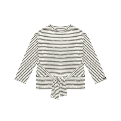 AsGony Bow Tie Strap Striped Casual L/S T-Shirt Gray