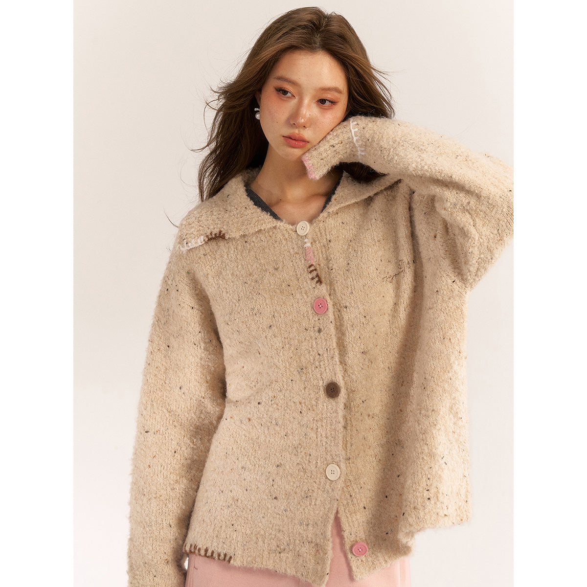 AsGony Blended Woolen Color Button Knit Cardigan