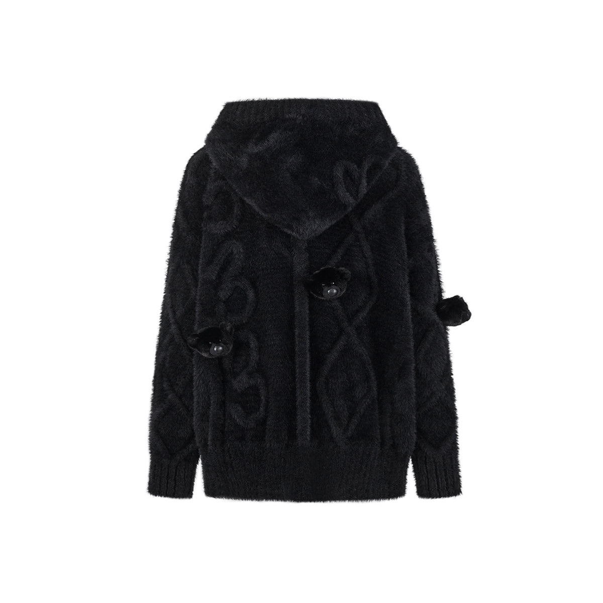 13De Marzo Bear Jacquard Knit Furry Hooded Cardigan Black