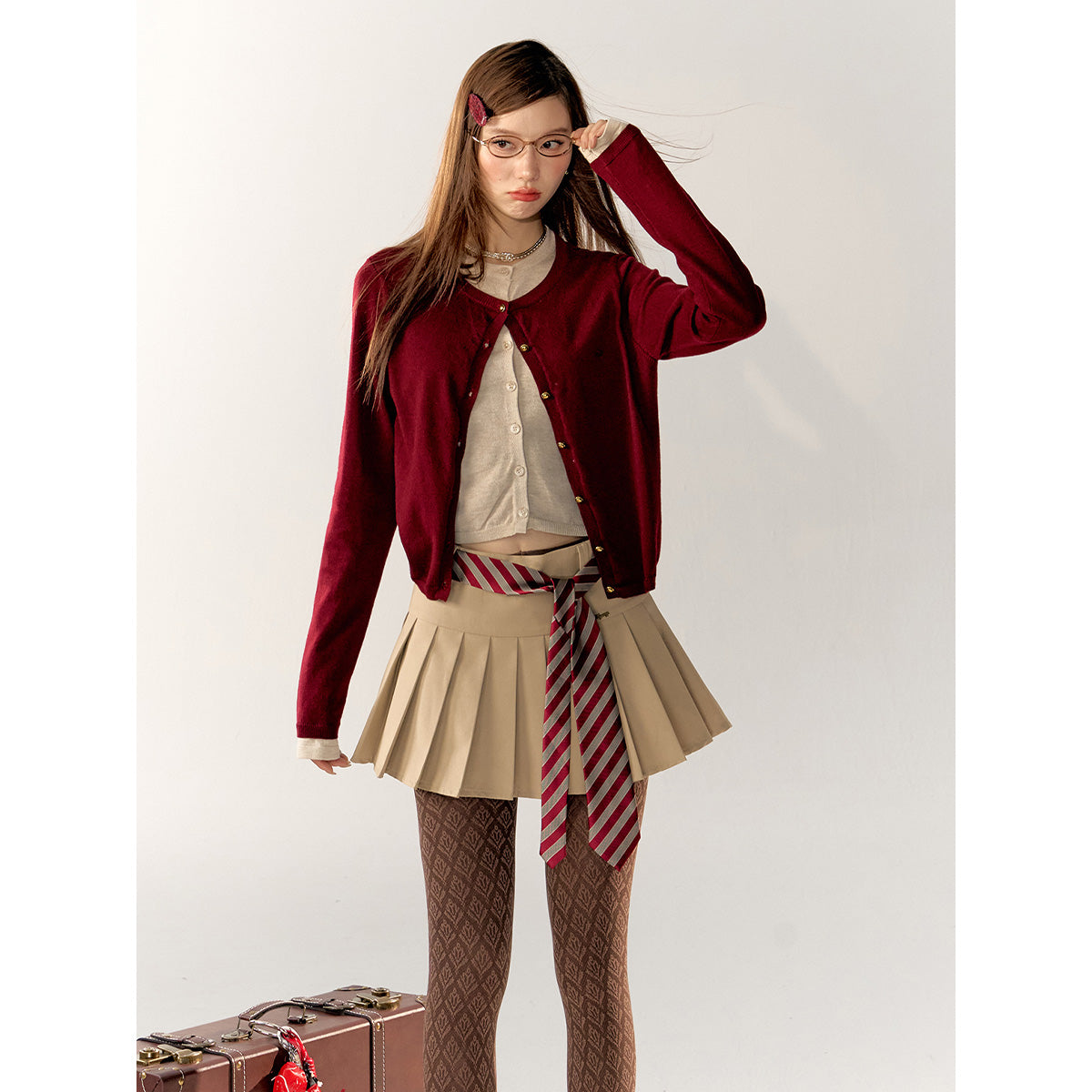 AsGony Contrast Color Fake-2-Piece Knit Cardigan Red