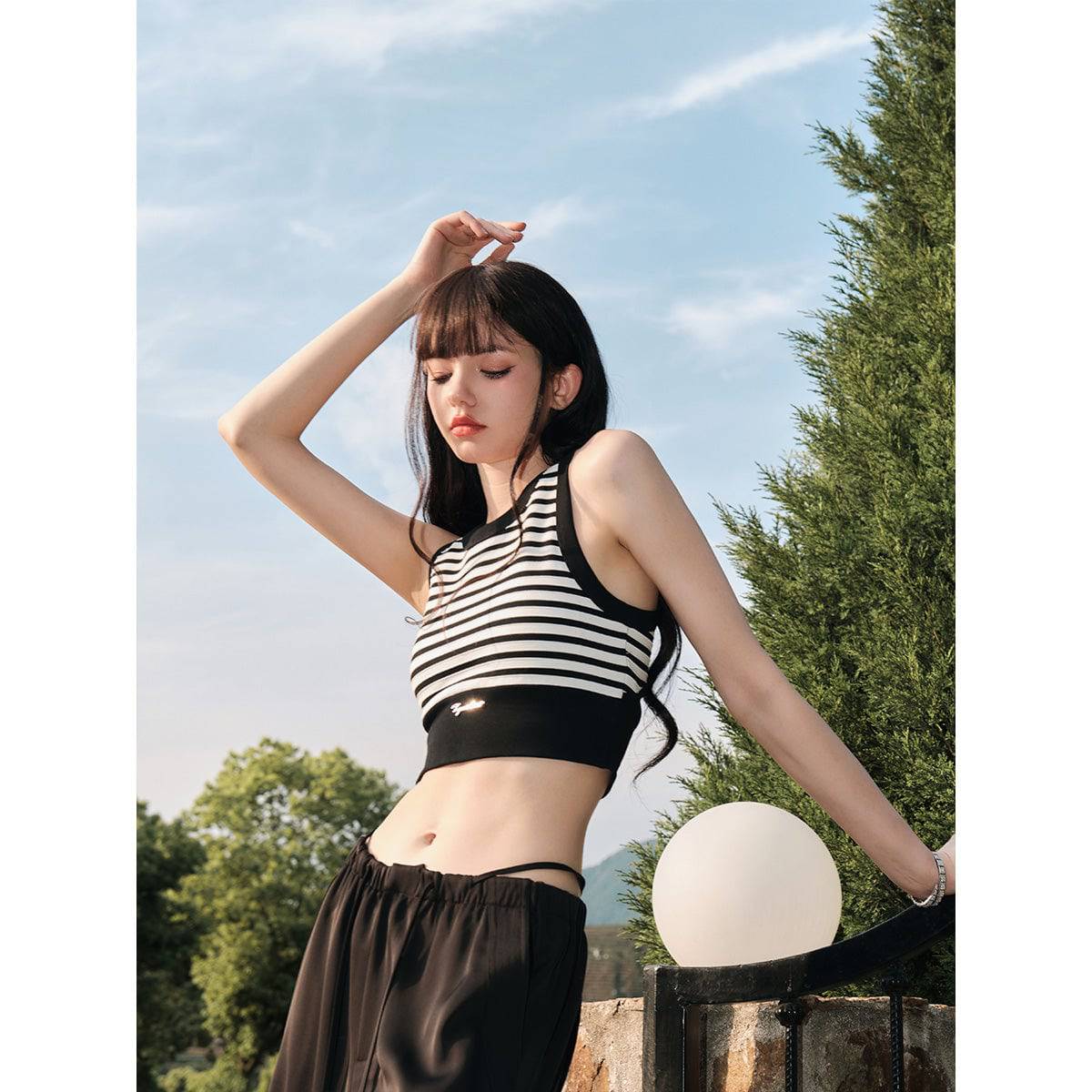 Three Quarters Striped Contrast Sports Vest Top