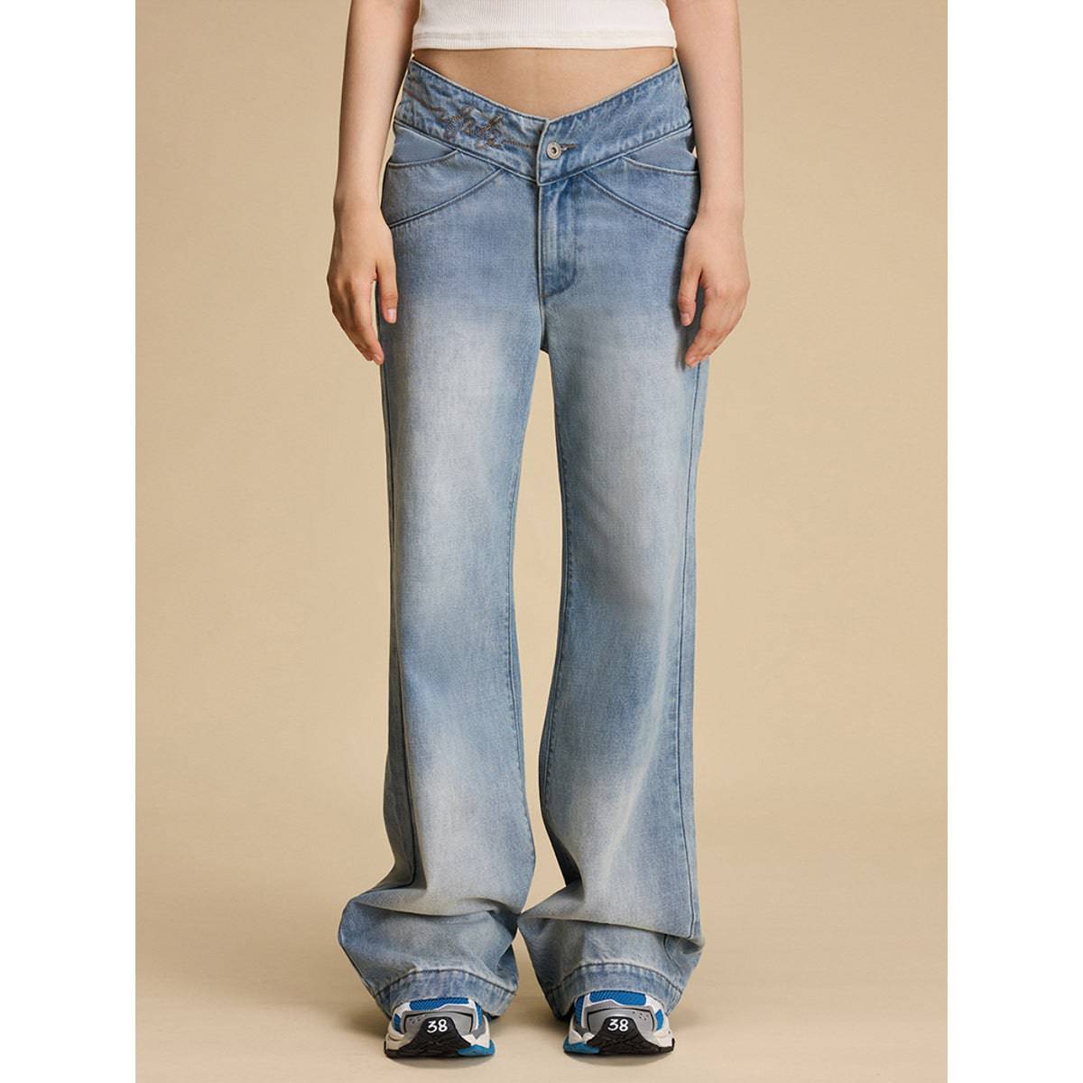 IFIK V-Waist Straight Loose Jeans Light Blue