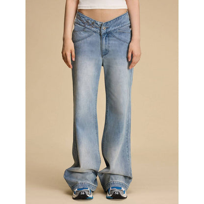 IFIK V-Waist Straight Loose Jeans Light Blue