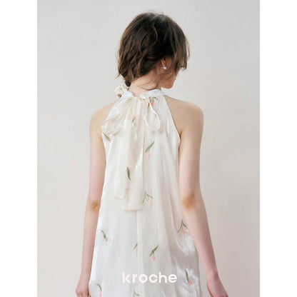 Kroche Tulip Embroidered Organza Halter Dress