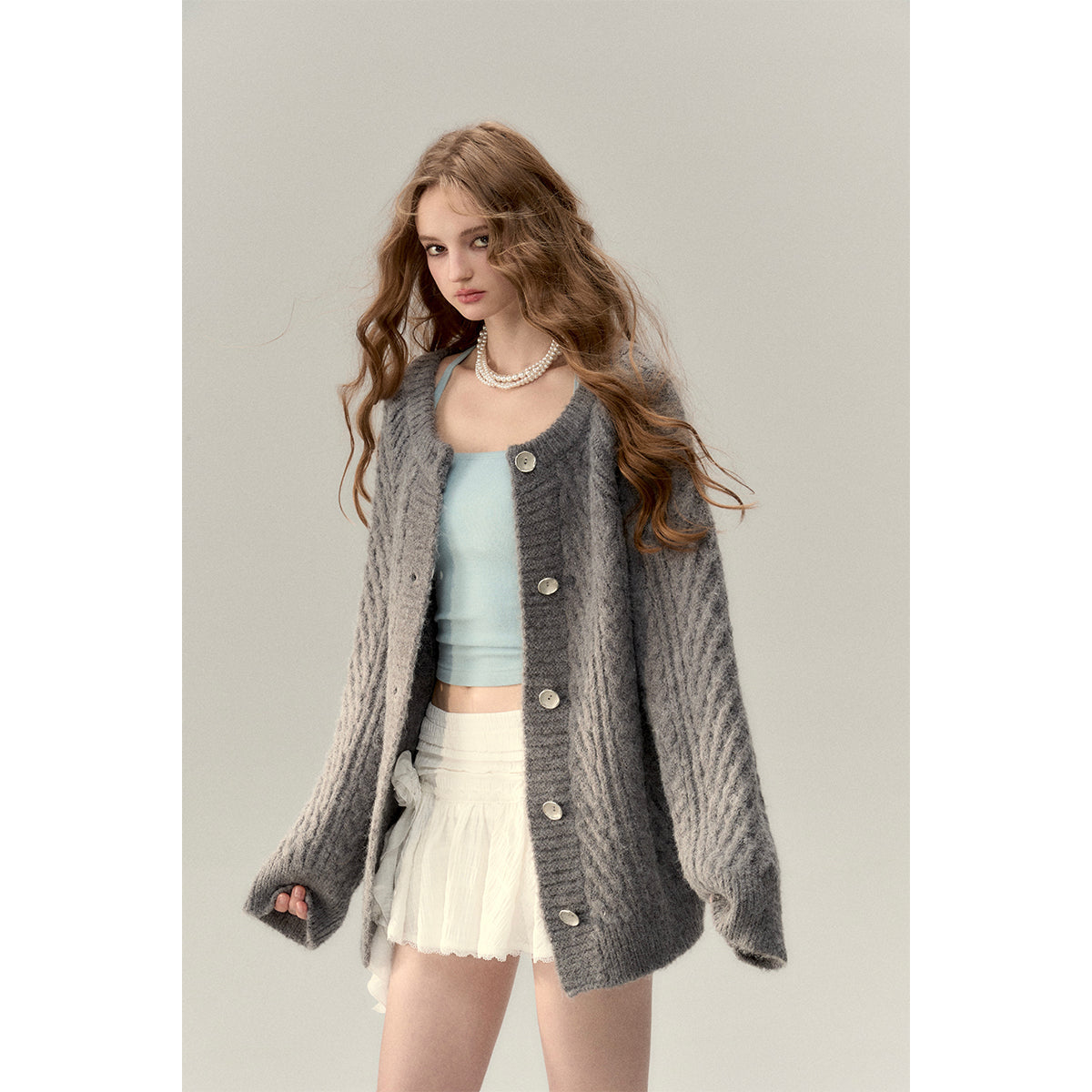 Via Pitti Two-Way Twist Knit Woollen Cardigan Grey