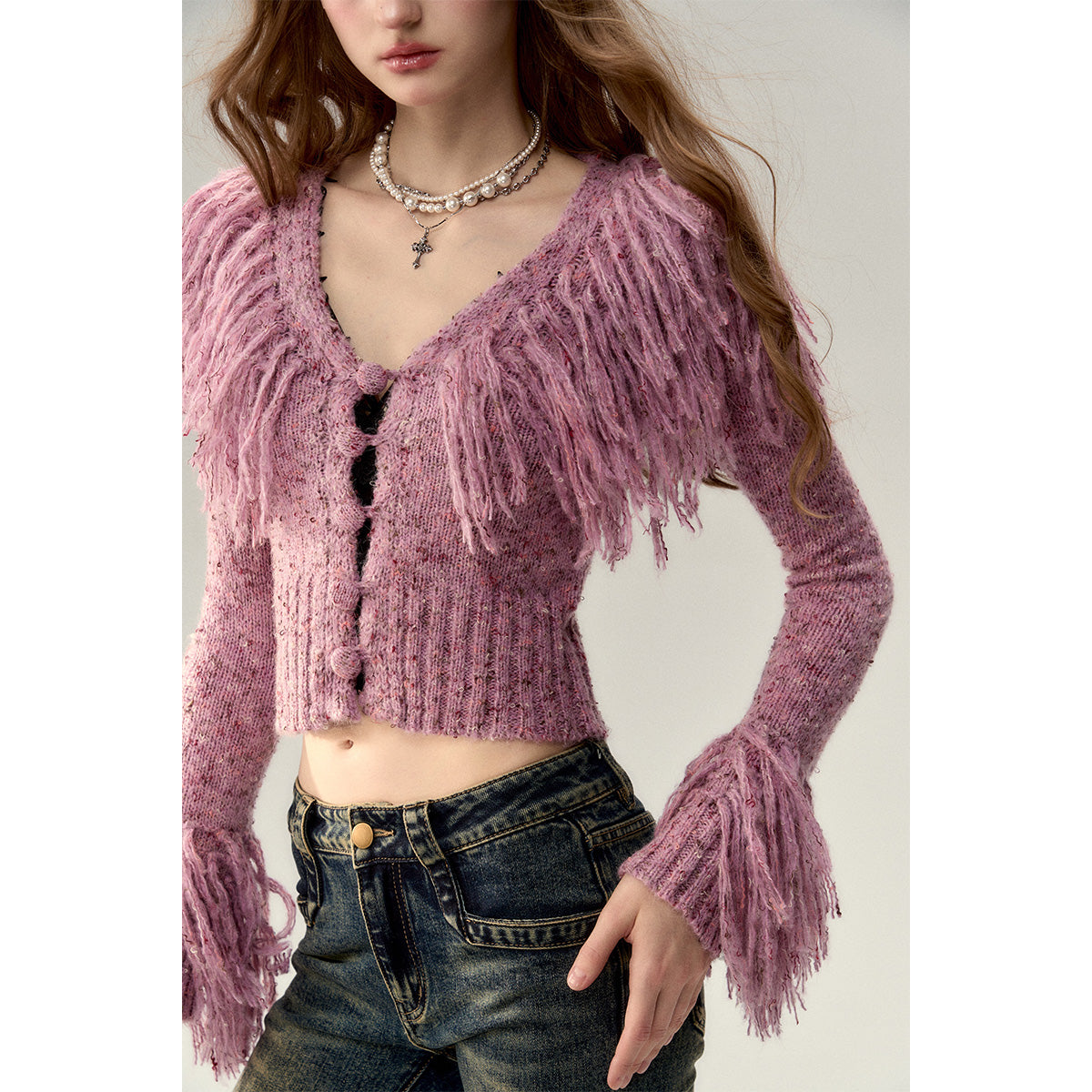 Via Pitti Heavy Tassel Knit Cardigan Purple