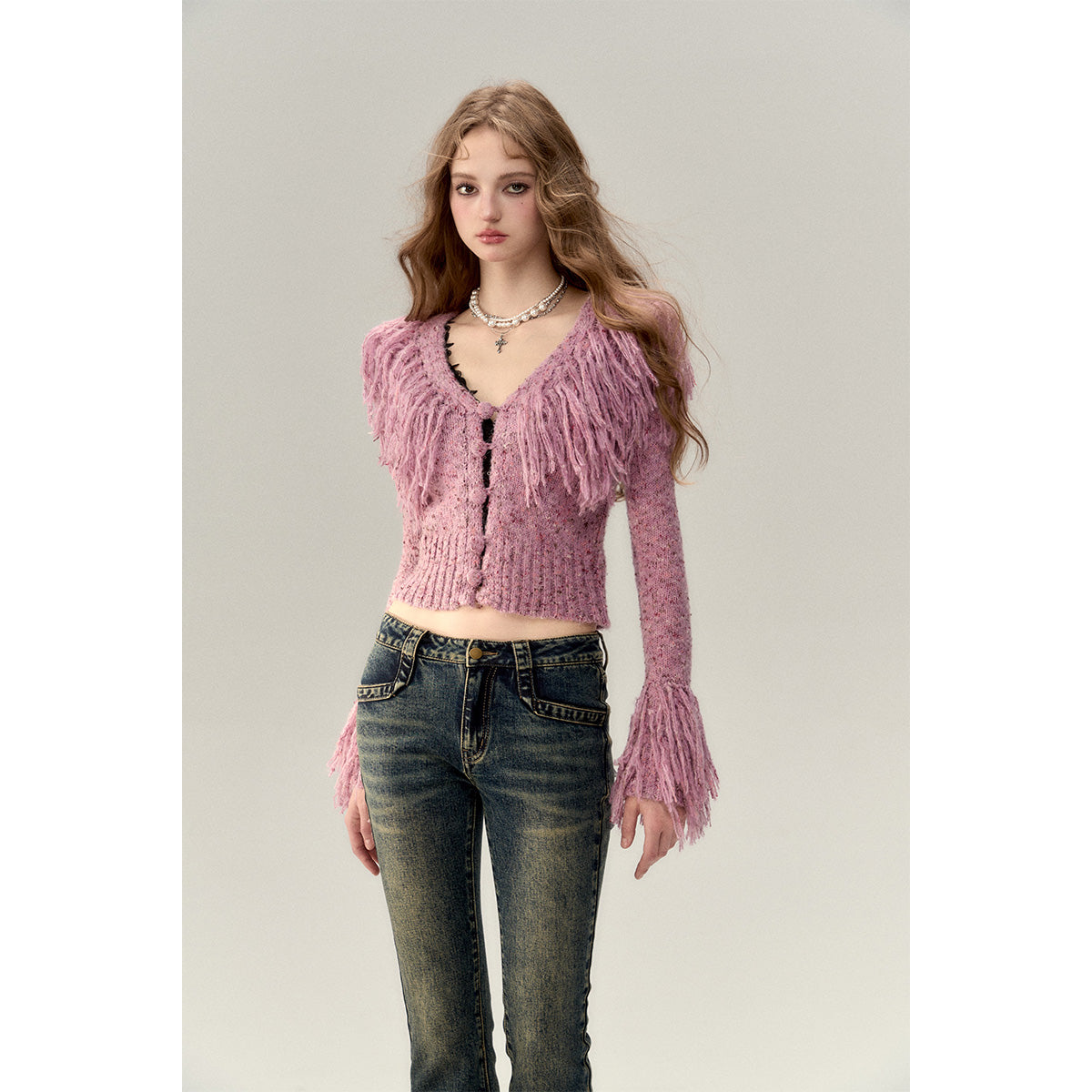 Via Pitti Heavy Tassel Knit Cardigan Purple